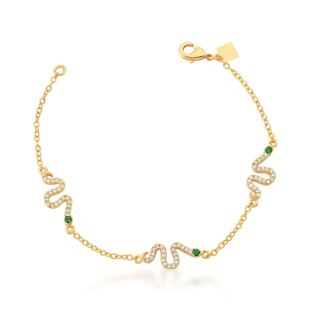 Pulseira Medusa Cobras em corrente cartier com pingentes de cobras com zircônias verde e brancas, banhada a ouro 18k.